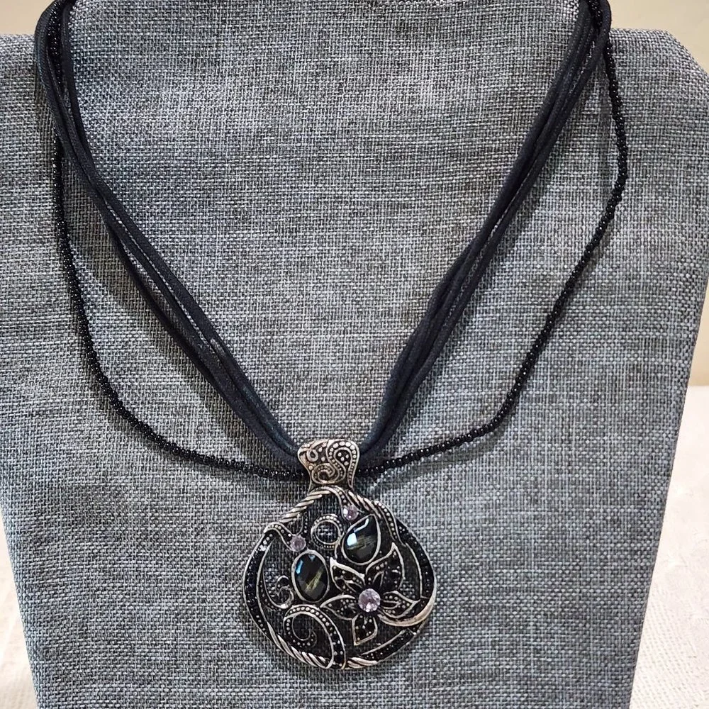 Contemporary Floral Rhinestone Medallion Silver Black Statement Necklace